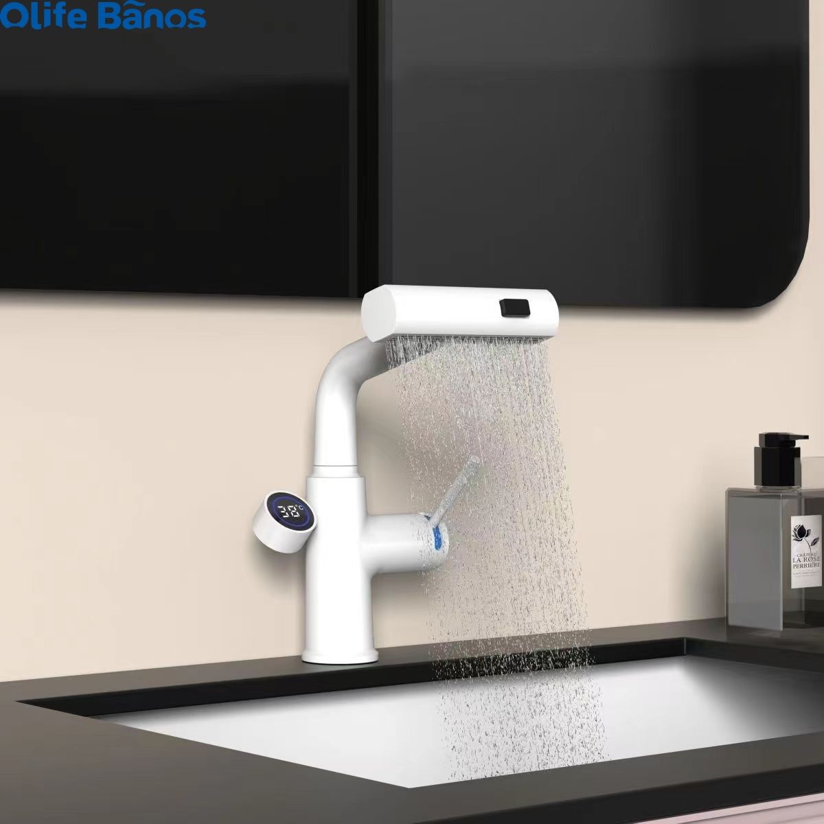 Olifebanos Gun Gray White Digital Display Pull Out Waterfall Rain Fall  Faucet 3 Functions Desk Basin Mixer Tap Faucet factory