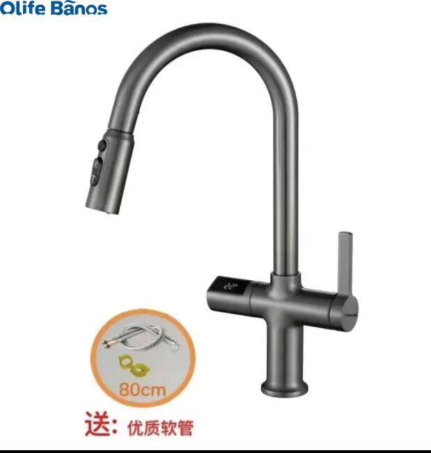 Olife Banos Hot Sale Pull Out  Digital Temperature  Display Hot And Cold Gunmetal  Brass Kitchen Tap Mixer Faucet For Kitchen details