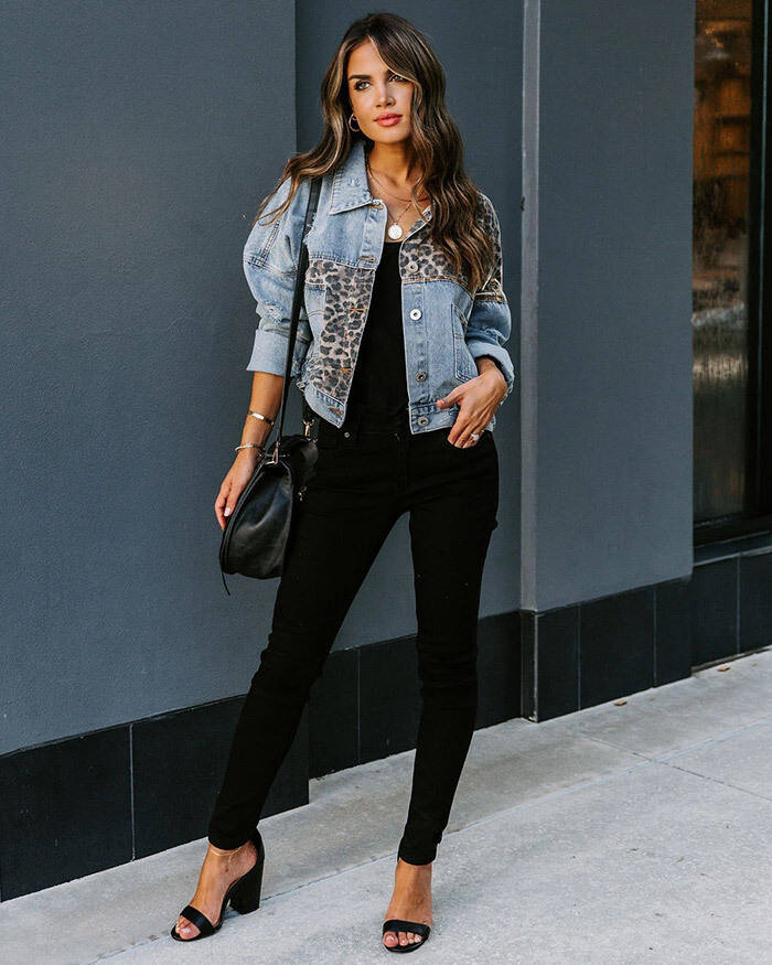New Arrival Women's Lapel Leopard Cropped Denim Jacket manufacture