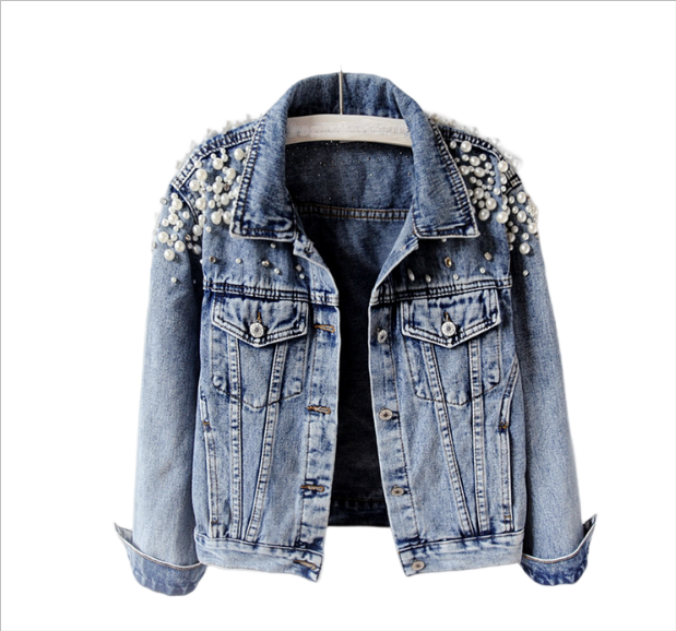Factory Wholesale Women Pearl Denim Jacket Beaded Pearl Loose And Thin Spring Autumn Short Style Wedding Denim Jacket Supplier details