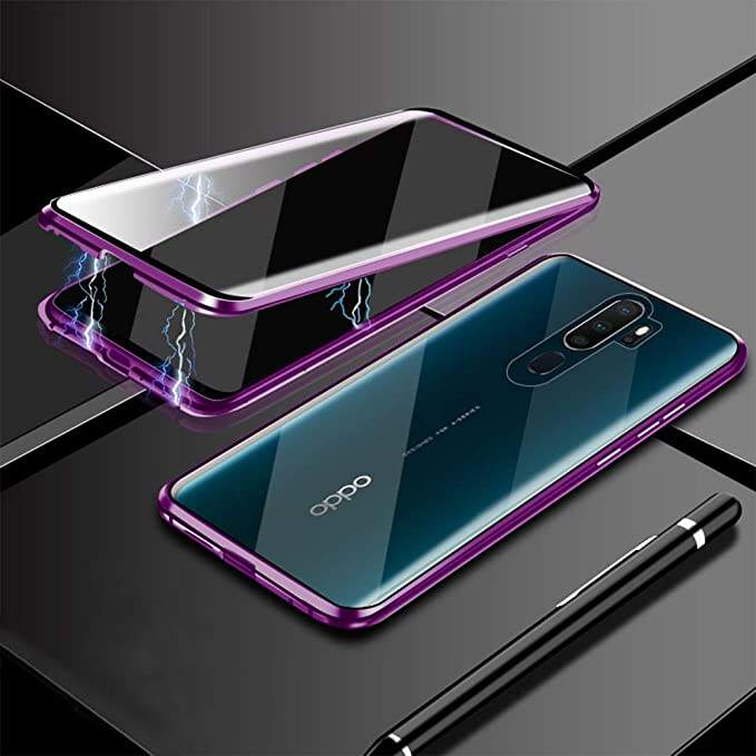 For OPPO A5/A9 Case, Magnetic Adsorption Metal Case Aluminum 9H Tempered Glass Back Cover