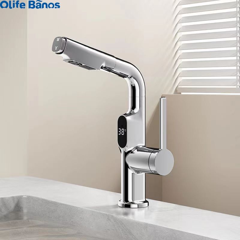 Hot Sale Pull Out Temperature Digital Display Basin Faucet Lift Up Down Sprayer Hot Cold Water Sink Mixer Wash Tap For Bathroom factory