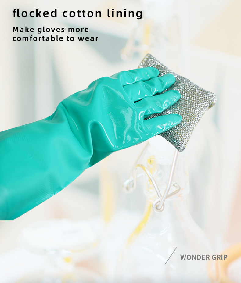 OP-358 15 mil nitrile solvent-resistant work gloves flocked cotton/nitrile rubber green solvent-resistant work gloves factory