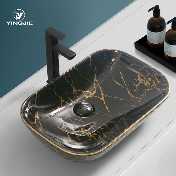 popular design fashion bathroom ceramic hand wash basin black marble for hotel