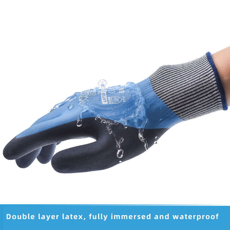 WG-318 Aqua luvas de trabalho à prova d'água totalmente imersas azul nylon natural látex luvas de trabalho à prova d'água fábrica