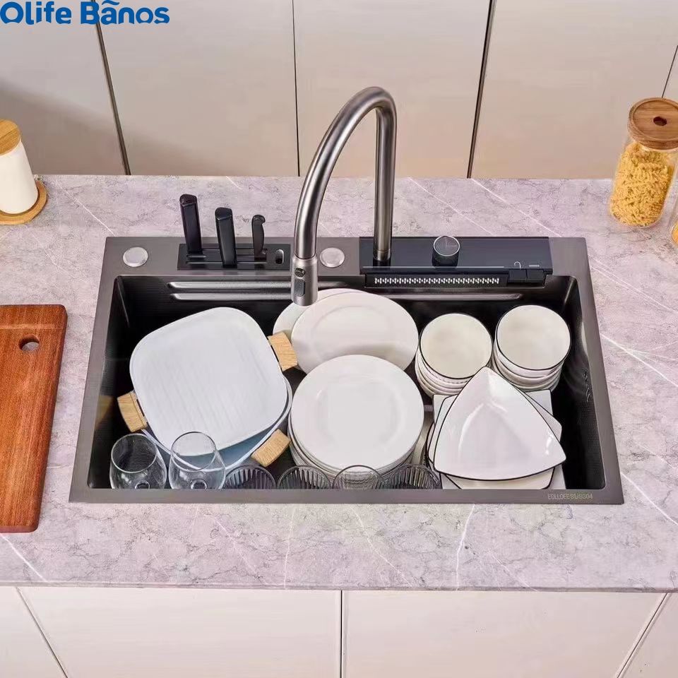 New Design 304  Digital Display Waterfall Faucet Bionic Honeycomb Single Bowl Advanced Kitchen Sink With Knife Holder details