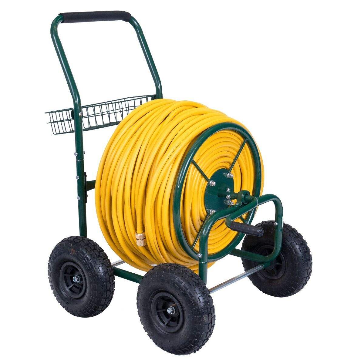 TC1851 Heavy Duty Hose Caddie, Metal Garden Water Hose Reel Cart for Lawn Yard Outdoor, with 4 Pneumatic Wheels, Storage Basket manufacture