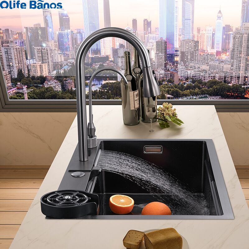 Newest Hign End Digital Display Multifunction Waterfall Faucet 304 Stainless Steel Single Bowl Kitchen Sink With Cup Washer supplier