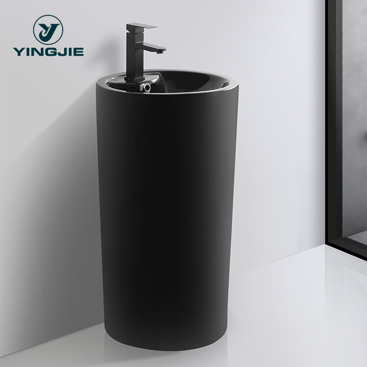 factory North Europe Artistic Glossy Black Round Shape Free Standing Ceramic Bathroom Pedestal Basin