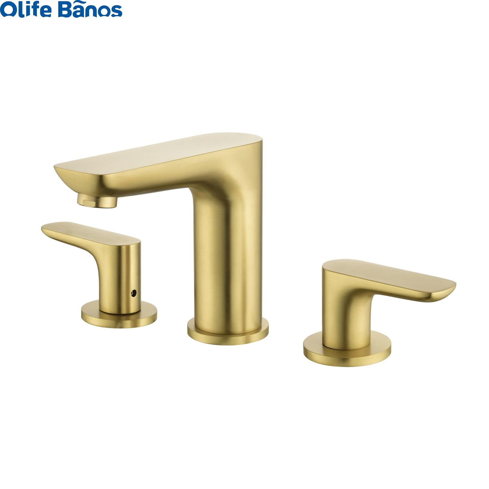 2023 Brushed Gold Finished Solid Brass Deck Mounted Hot and Cold Bathroom Basin Faucets Mixer details