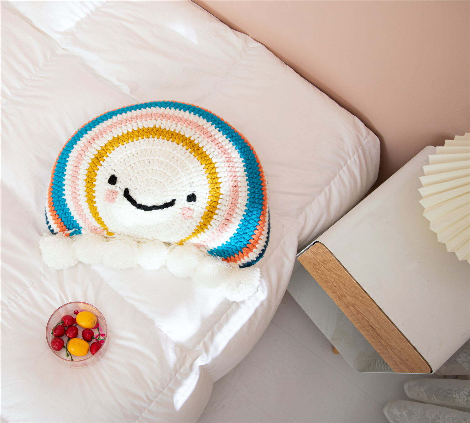 Md Cute Kids Baby Throw Knitted Crochet Girl Pom Pom Round Knot Ball  Acrylic Cable  Flower Rainbow Pillows Case Cushion of Gift supplier