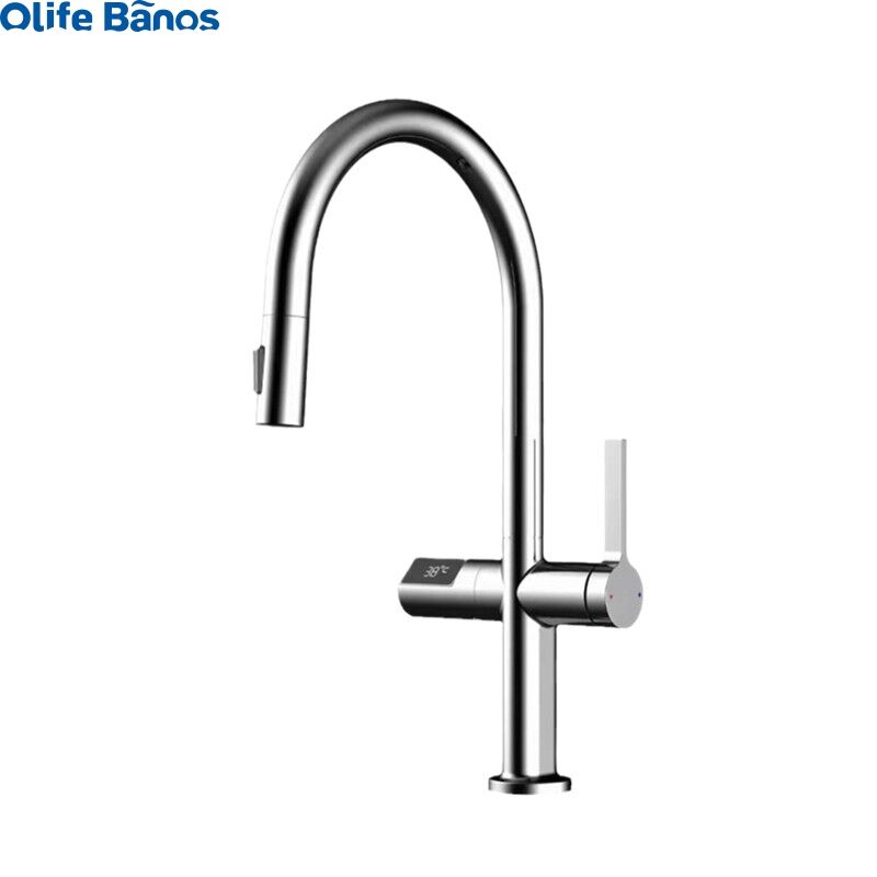 Olife Banos Hot Sale Pull Out  Digital Temperature  Display Hot And Cold Gunmetal  Brass Kitchen Tap Mixer Faucet For Kitchen details