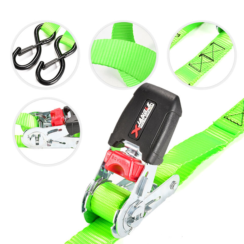 Factory supplier 1 inch 800kg zinc ratchet tie downs strap with double hooks details