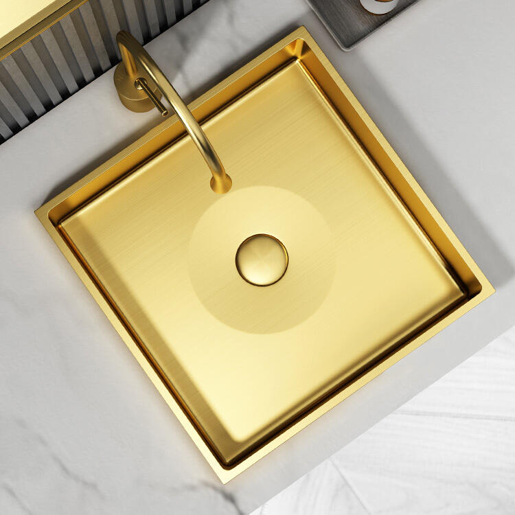 Luxury High-end Golden Bathroom Stainless Steel SUS304 Semi Counter Sinks Wash Basins for Hotel Villa details