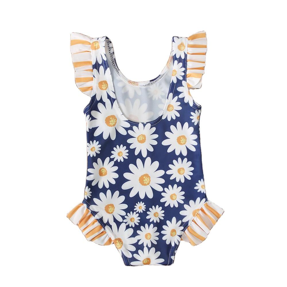 Custom Printed Ruffle Children Kids Swimsuit Bikini Navy Blue Daisy Print Teen Girls Bathing Suit factory