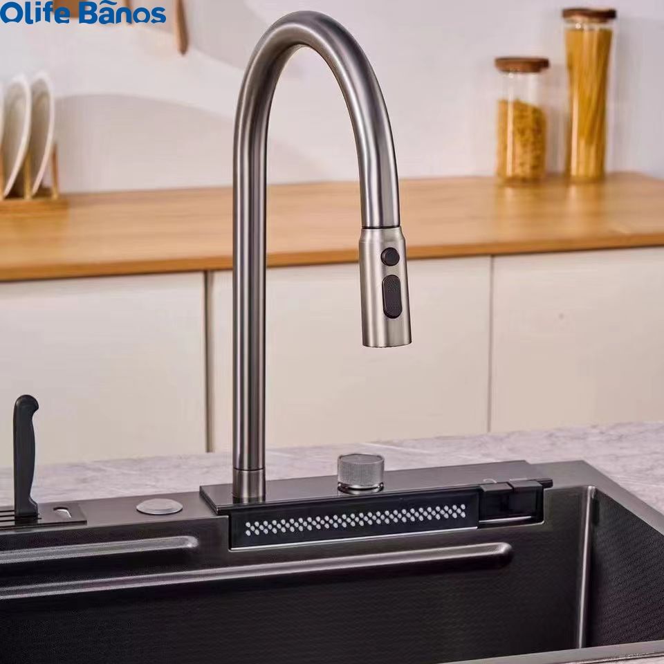 New Design 304  Digital Display Waterfall Faucet Bionic Honeycomb Single Bowl Advanced Kitchen Sink With Knife Holder manufacture