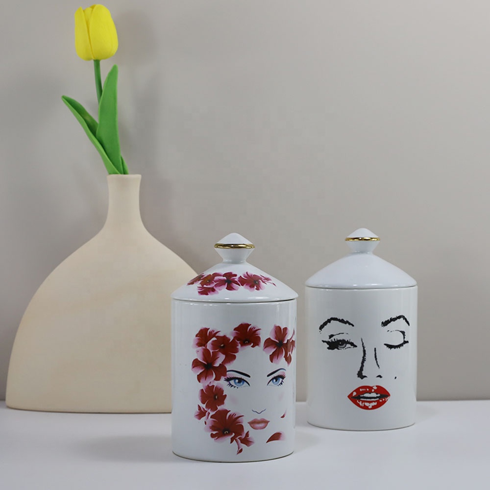 Custom Lady Face Printed Porcelain Candle Containers With Lids Unique Luxury Girl Face Ceramic Jar For Scented Soy Candle factory