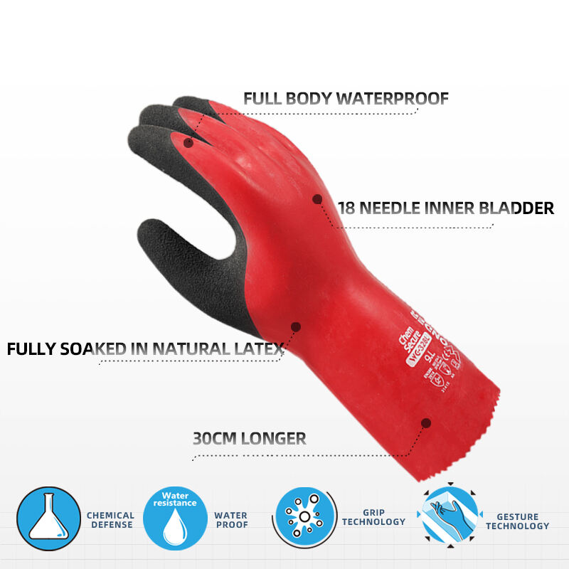 WG-328L Chem Secure extended waterproof chemical protective work gloves  red  nylon spandex natural latex  gloves supplier