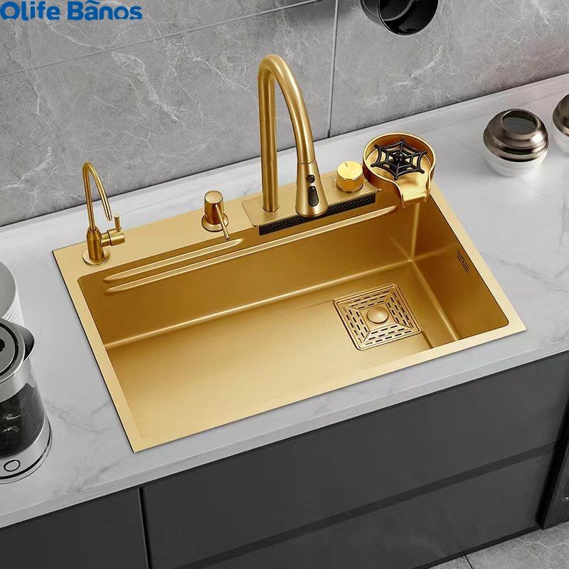 2023 Tiktok  Gold 304 Stainless Steel  Waterfall  Single Bowl Sink Lavabo De Cuisine Kitchen Faucet  Sink