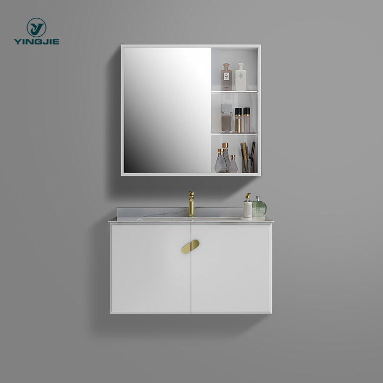 bathroom wall hung cabinet vanity wooden panel with mirror and ceramic basin