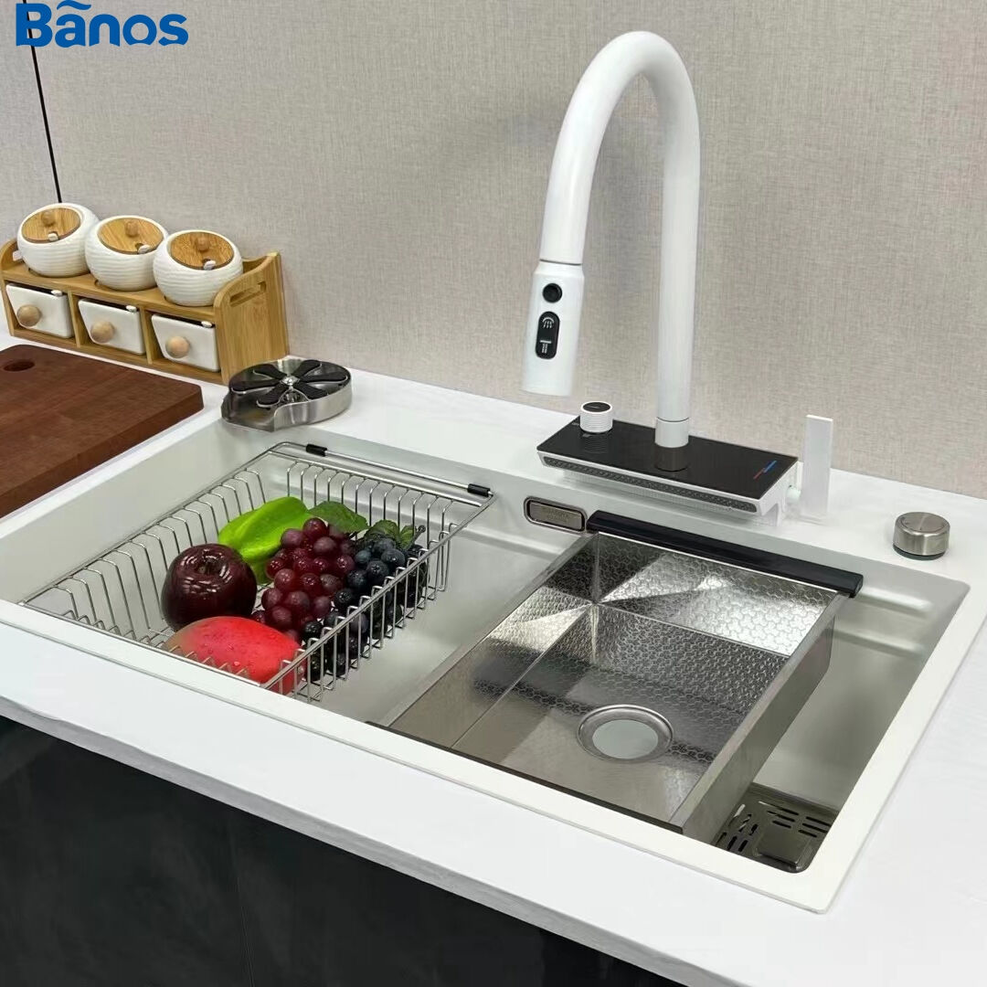 White Nano  Stainless Steel Sink Water Power Generation Waterfall Rain Dance Faucet Kitchen Sink With Digital Display