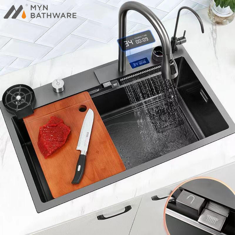 Waterfall Sink Kitchen Stainless Steel Topmount Sink Large Single Slot Wash Basin With Multifunction Touch Waterfall Faucet supplier