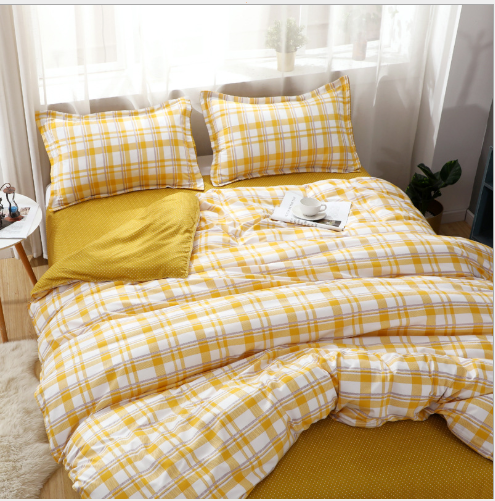 Modern style popular grid design a four-piece bedding set polyester bed sheet and pillowcase details