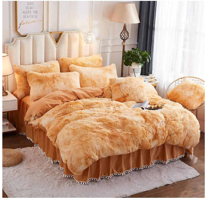 High quality faux fur plush puffy duvet set Tie-dye sand brown zipper color plush velvet quilt bedding set