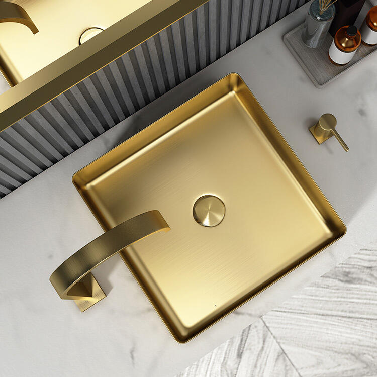 High Quality Durable Thin Edge Bathroom Square Wash Basin Stainless Steel Cabinet Decor Gold Faucet Bathroom Sink details