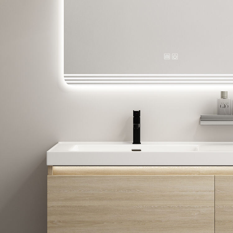 fancy modern wall bathroom vanity cabinet with smart led mirror details