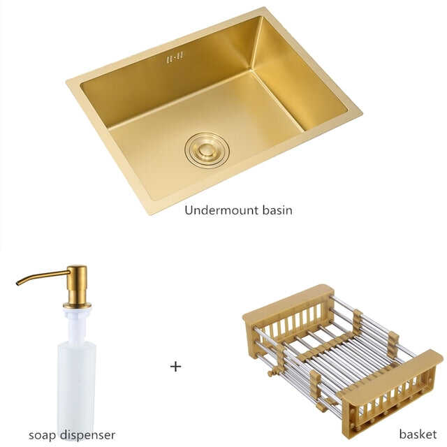 Luxury handmade 304 stainless steel nano kitchen sinks gold rv undermount single bowl kitchen sinks