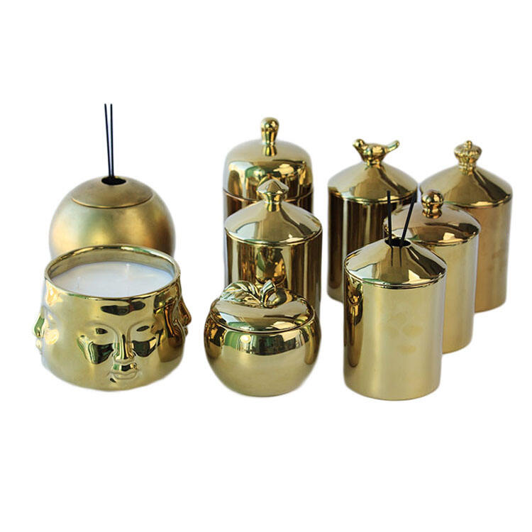 Factory cheap price gold electroplated embossed candle jars holders bowls ceramic empty candle vessels for candle making supplier