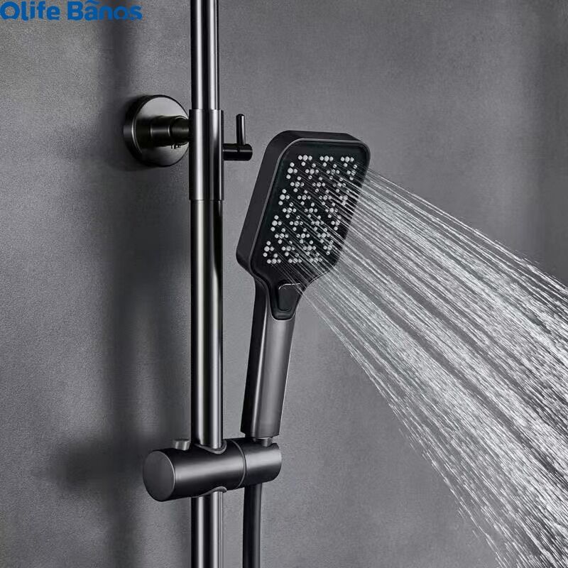 TikTok New Style 3 color light  Piano Key LED Shower Set 4 Functions Brass Thermostatic Bathroom Shower Faucet Set supplier