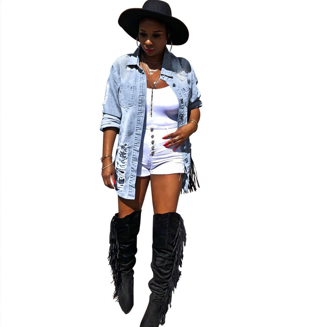 Hot Selling Ladies Denim Jacket Women Coat Casual Ripped Holes Women Jean Jackets Women's Jeans Blouse manufacture