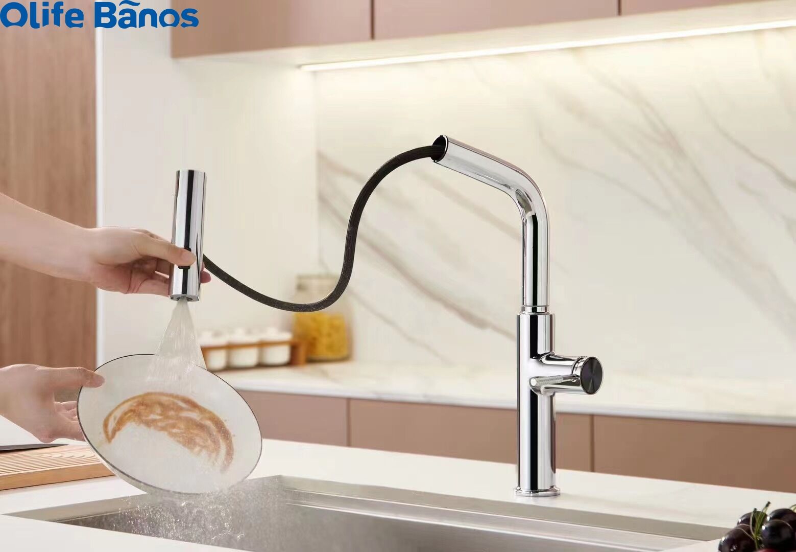 2023 Olife Banos New Pull Out Digital Temperature Display Waterfall 3 Ways Gunmetal White Kitchen Tap Mixer Faucet For Kitchen details