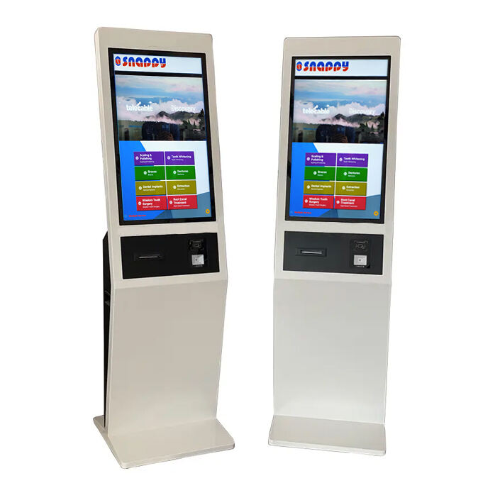 Snappy queue management system Arabic French multi language 21.5 32 inch ticket dispenser floor free stand self service kiosk manufacture