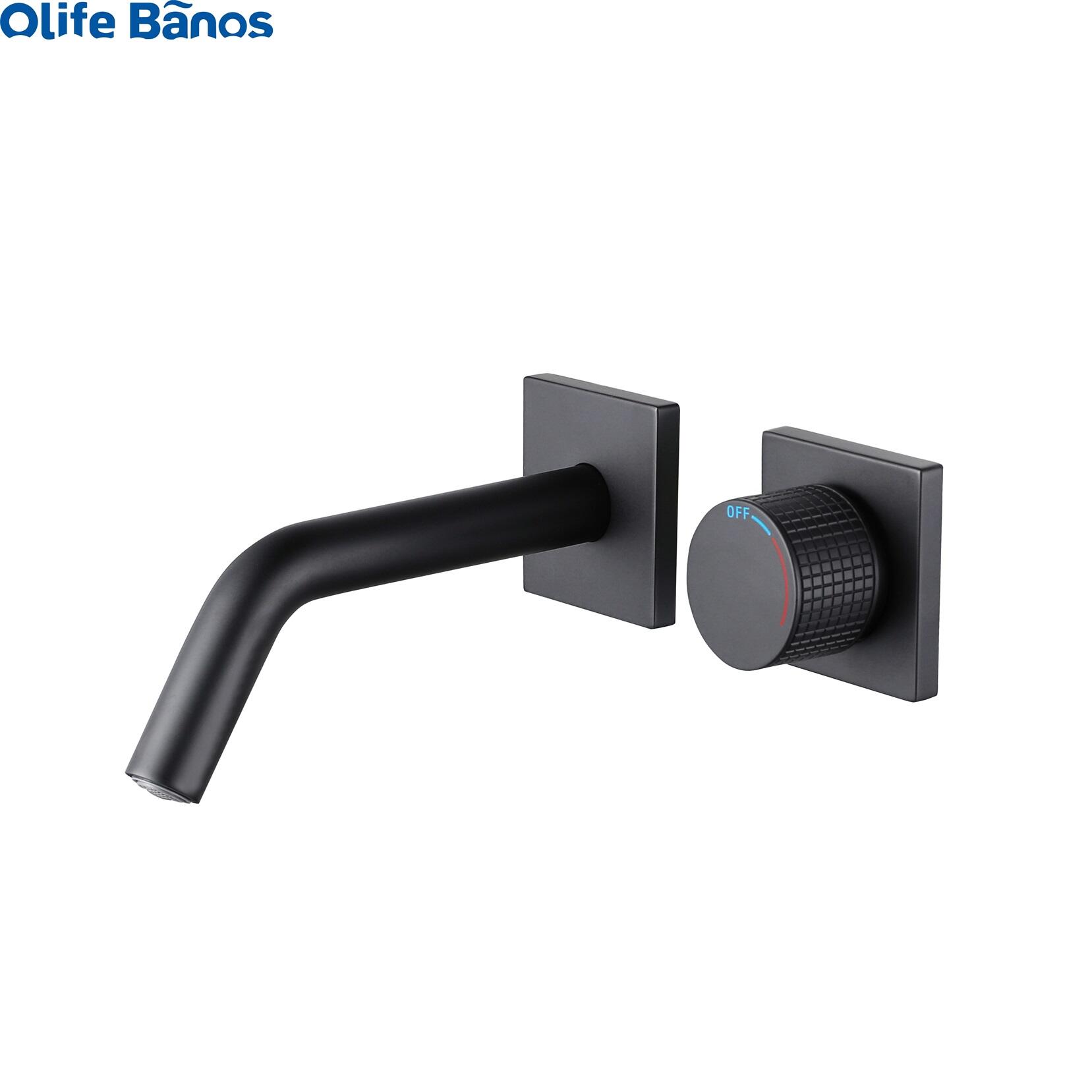 2023 Bathroom Double Three Hole In-wall Hot And Cold Black Copper Faucet Water Tap Bathroom Basin Faucets Mixer details