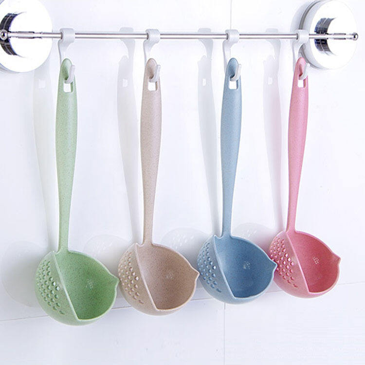 Wheat straw 2-in-1 household kitchen soup spoon Long handle plastic colander strainer tableware fondue spoon scoop details