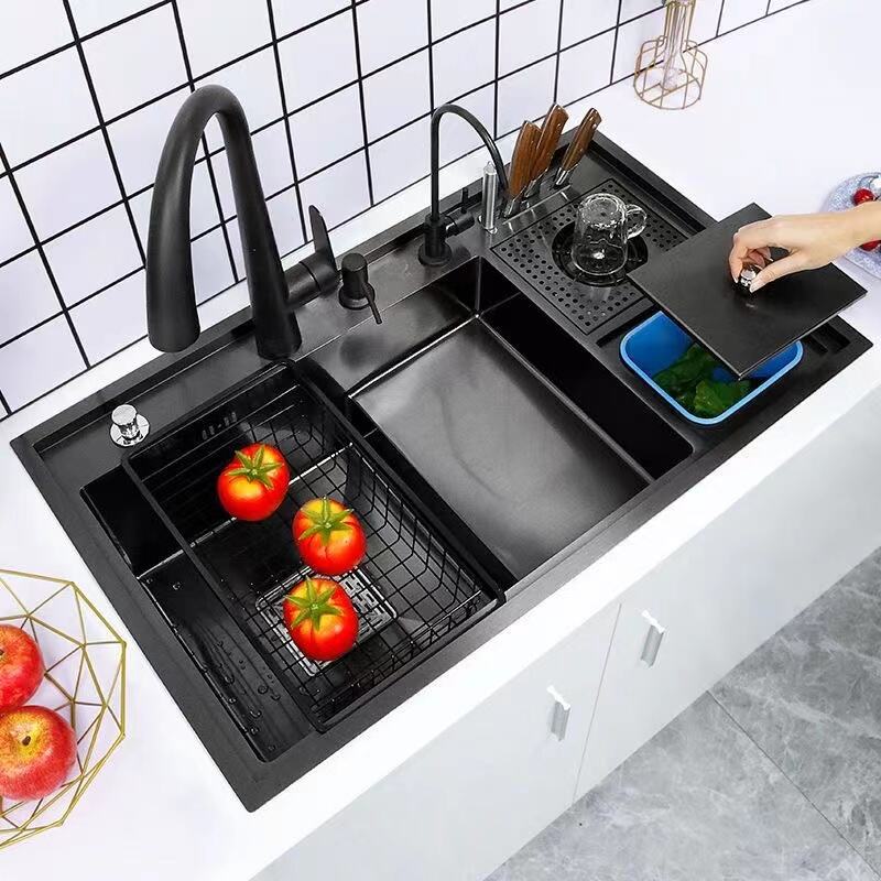 2023 New Multifunctional with Glass Rinser Waterfall Stepped Stainless Steel Nano Single Bowl Kitchen Sink