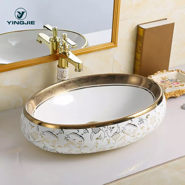 China Wholesale Bathroom Lavabo Gold Luxury Vanity Basin Cabinet Sink CE CUPC Ceramic Art Wash Basin Countertop Bathroom Sink