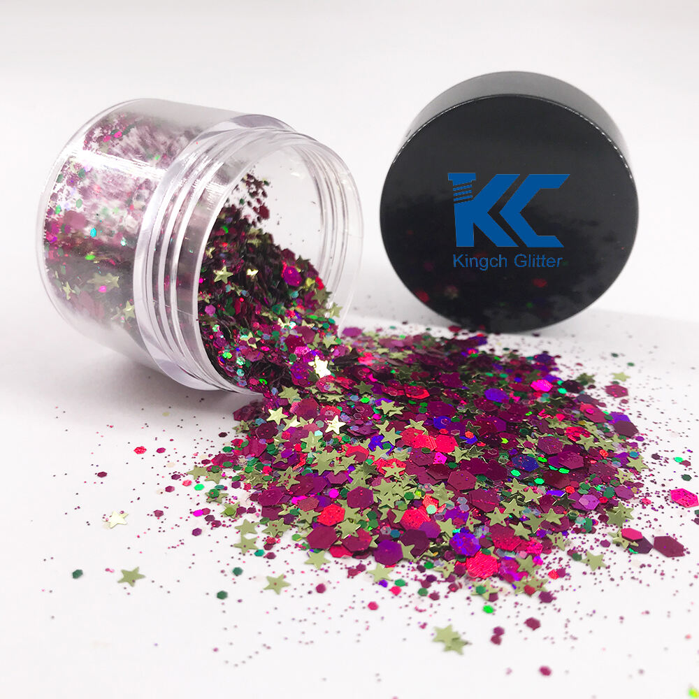 Custom Mixed Solvent Resistant Pink Holographic and Green Glitters 10 Gram Jar Made in China manufacture