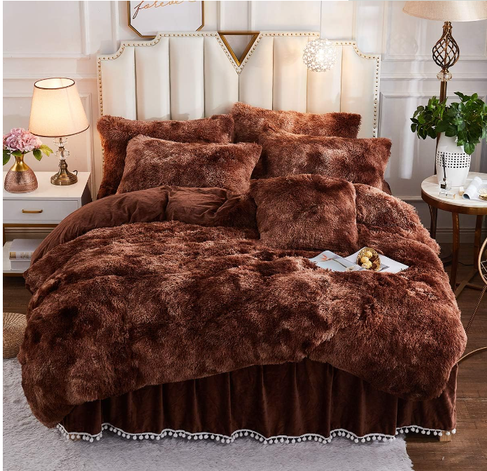 High quality Deluxe Bedding Plush 4-piece Set Fluffy Super Soft Warm Very durable Brown duvet bedding set