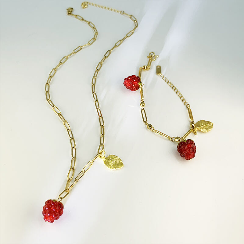 Fashion Women Glass 18k Gold Plated Stainless Steel Fruit Raspberry Glass Pendant Bracelet Necklace Jewelry manufacture