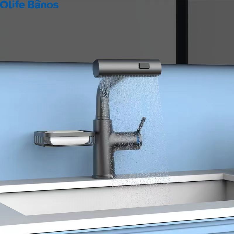 Olifebanos Tiktok Trend Waterfall Pull Out Extend High Bathroom Laundry Wash Basin Sink Tap Mixer Faucet With Soap Basket supplier