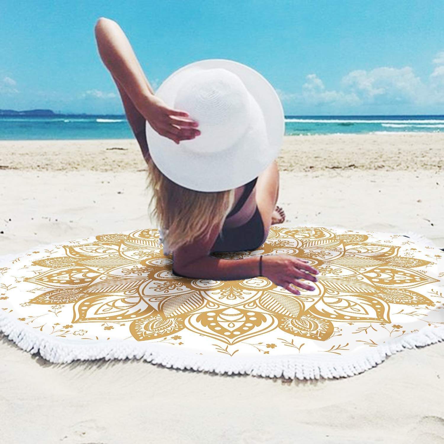 Luxury Custom 100% Microfiber Large  Printed Tassels Round Sand Free  Beach Towel details