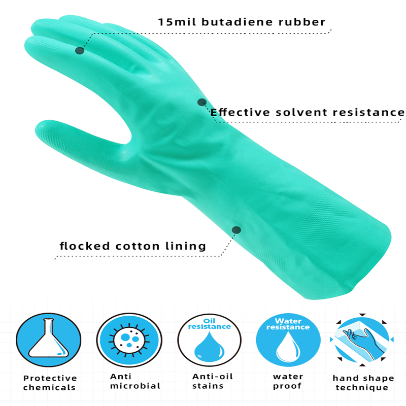 OP-358 15 mil nitrile solvent-resistant work gloves flocked cotton/nitrile rubber green solvent-resistant work gloves manufacture