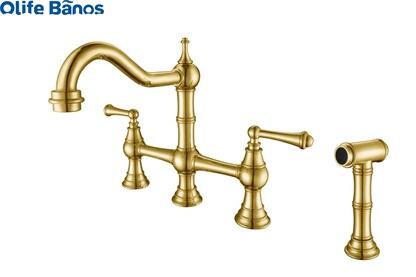 2023 Brushed Gold Finished Solid Brass Deck Mounted Hot and Cold Bathroom Basin Faucets Mixer factory