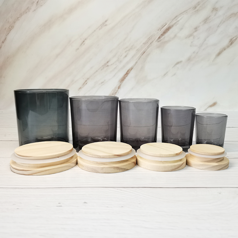 Wholesale Smoke Grey Candle Jar Custom Logo Scented Candle Container With Wooden Lid Metal Lid For Candle Making details