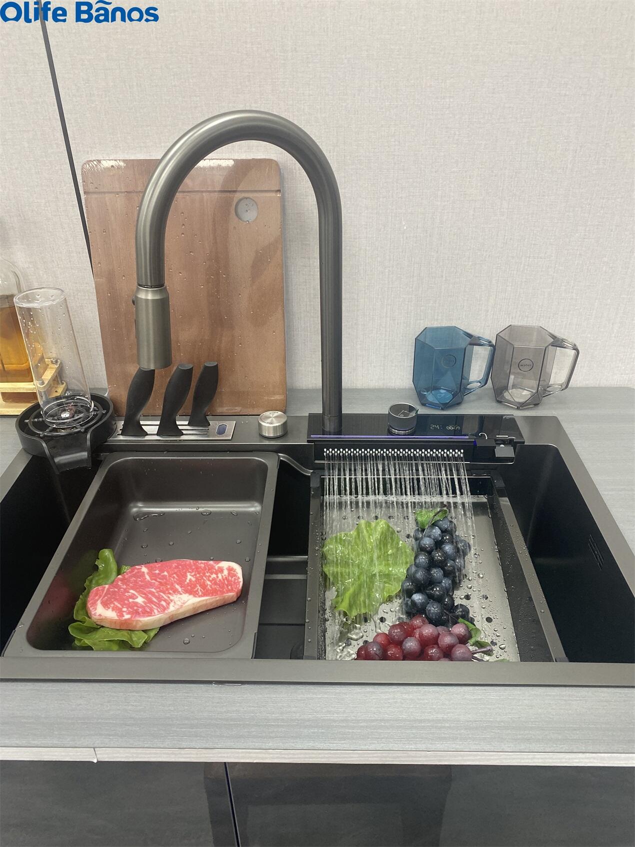 2023 New Design Temperature Digital Display Waterfall Faucet  304 Stainless Steel Kitchen Sink With Knife Holder manufacture