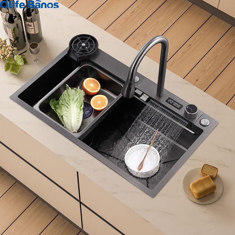 Newest Hign End Digital Display Multifunction Waterfall Faucet 304 Stainless Steel Single Bowl Kitchen Sink With Cup Washer supplier